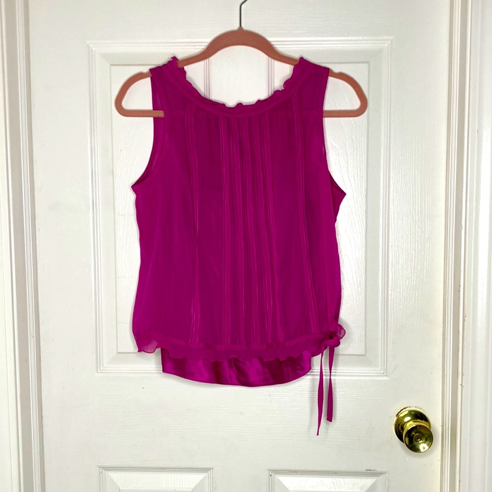 Ann Taylor Silk Lined Frilly Crew neck Draw Sting Waist Pleated Size M Fushia